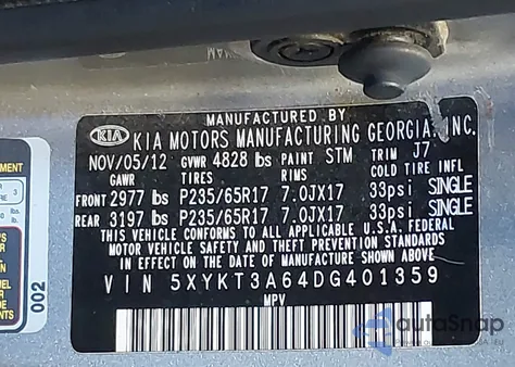 2013 Kia Sorento Lx z USA, uszkodzony, nr VIN 5XYKT3A64DG401359